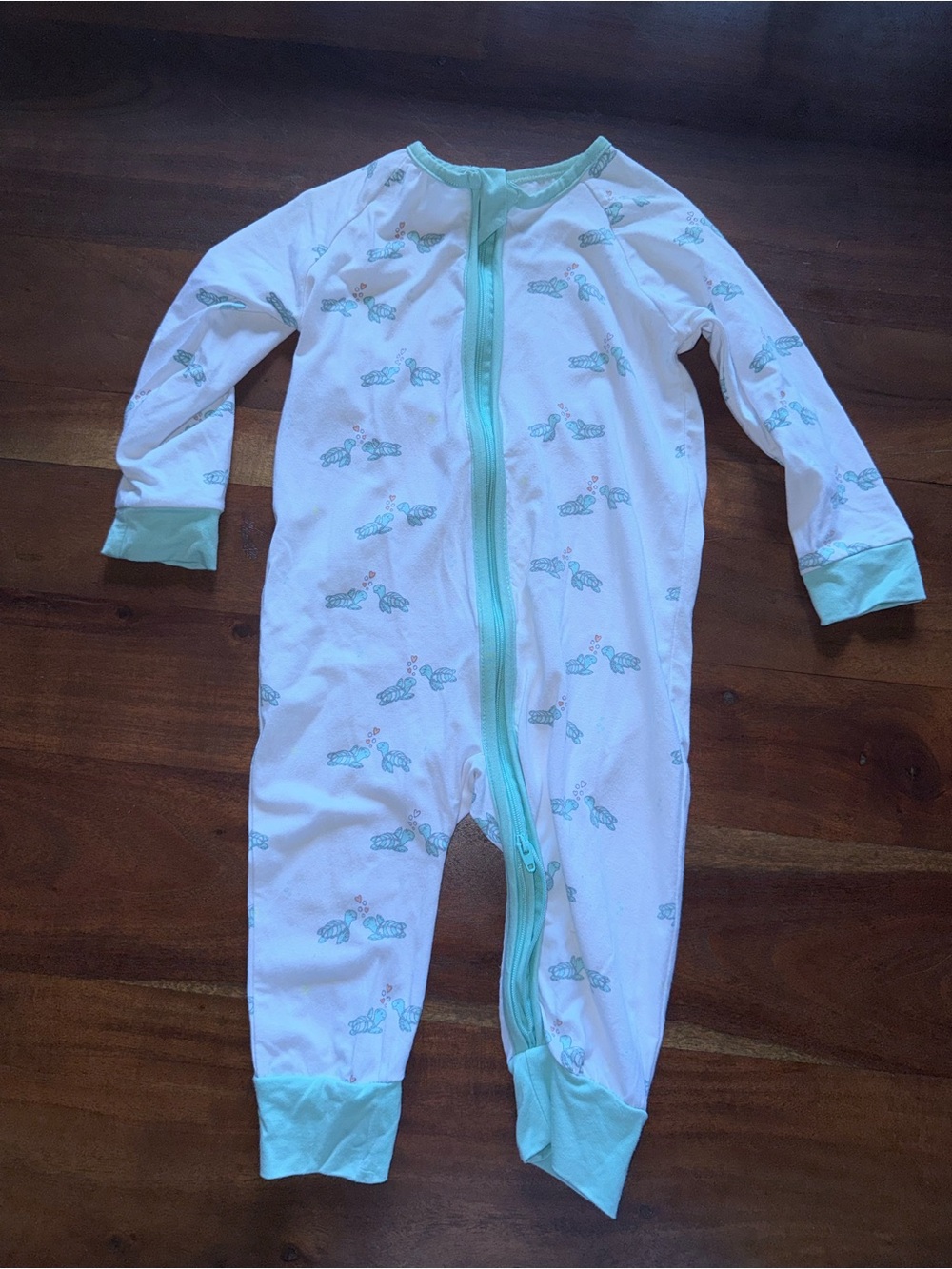 Baby Zip-Front Footed Pajamas in White with Mint Accents